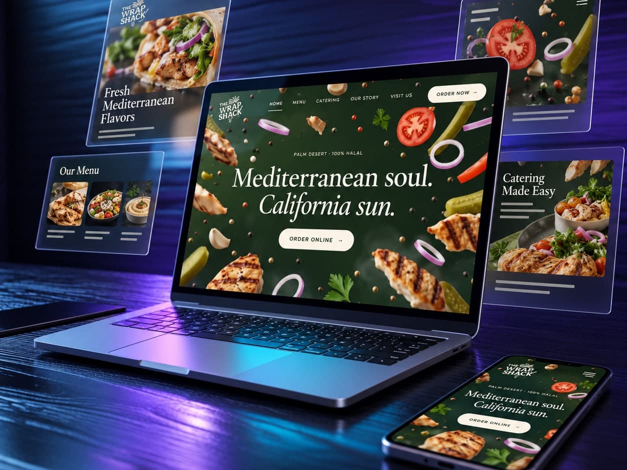 The Wrap Shack restaurant website on a laptop and phone, with menu and catering panels around it