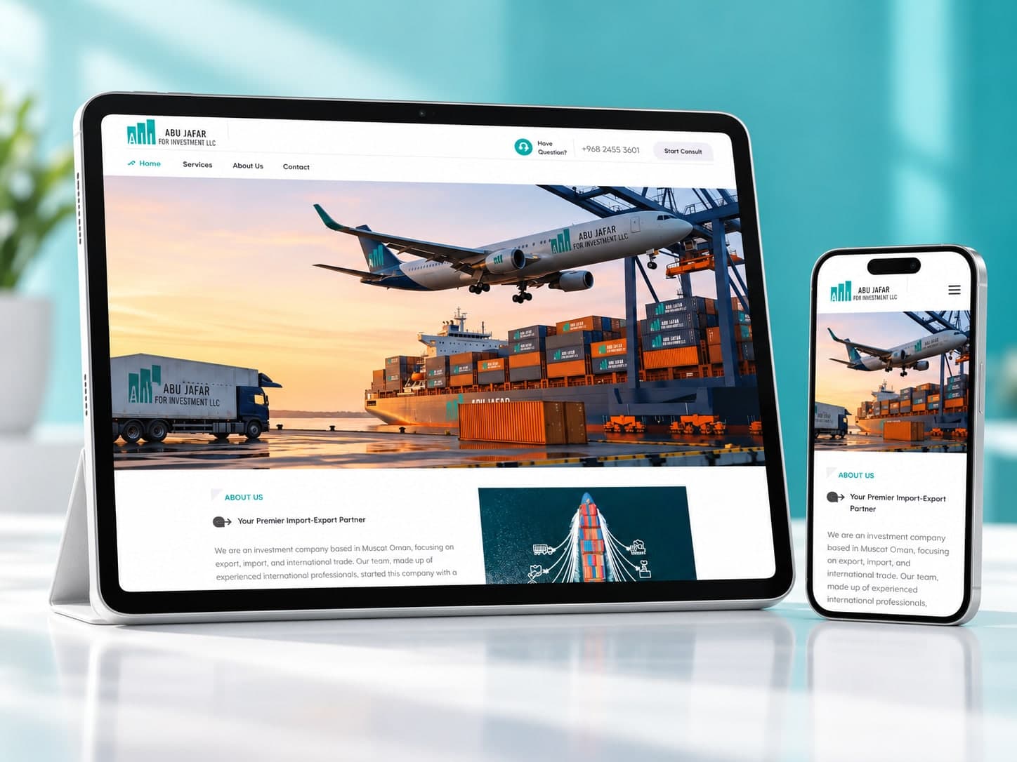 Abu Jafar for Investment website on a tablet and phone: a cargo plane, container ship and truck under “Your premier import-export partner”
