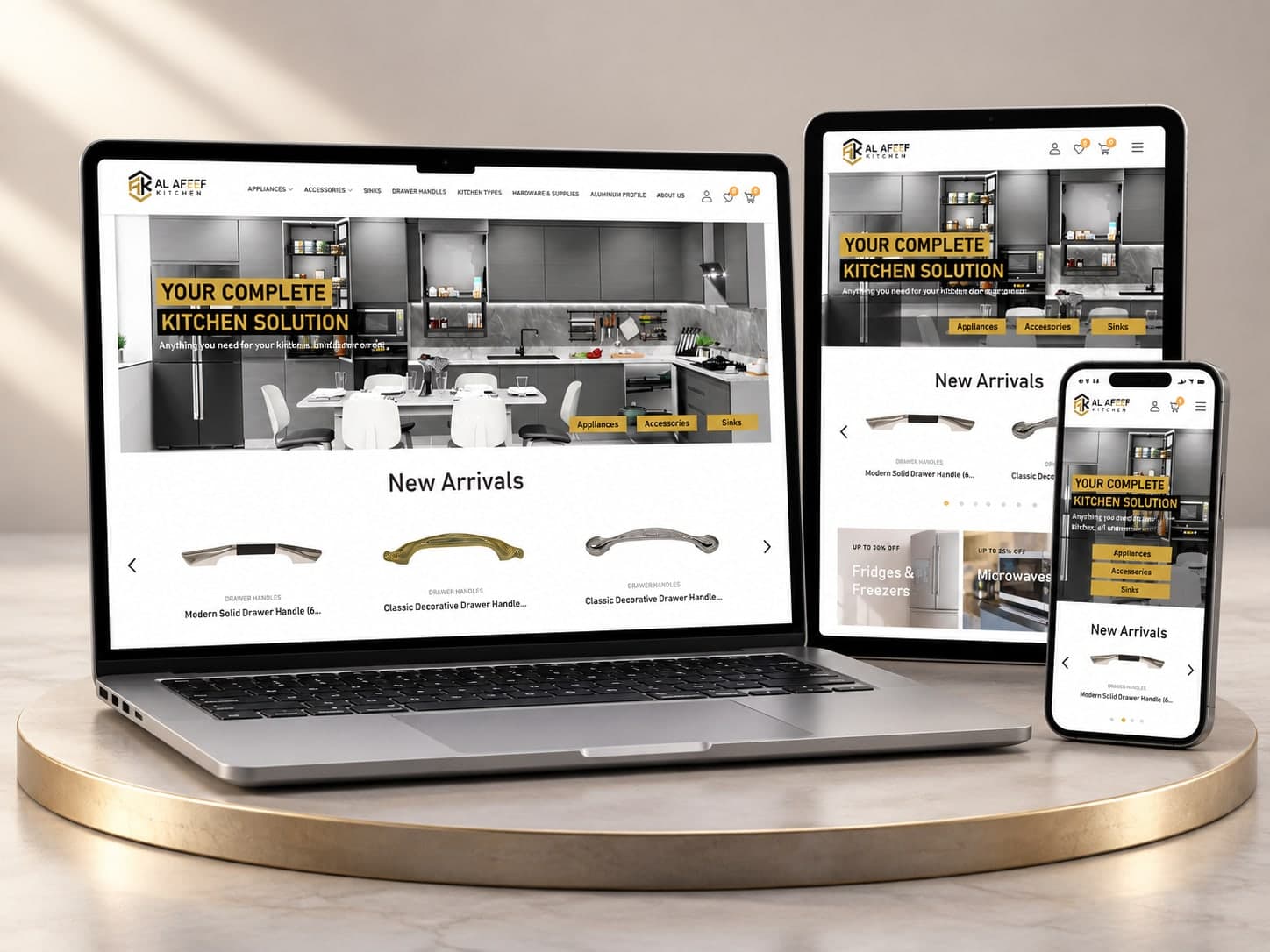 Al Afeef Kitchen online store on a laptop, tablet and phone: “Your complete kitchen solution” with new-arrival drawer handles