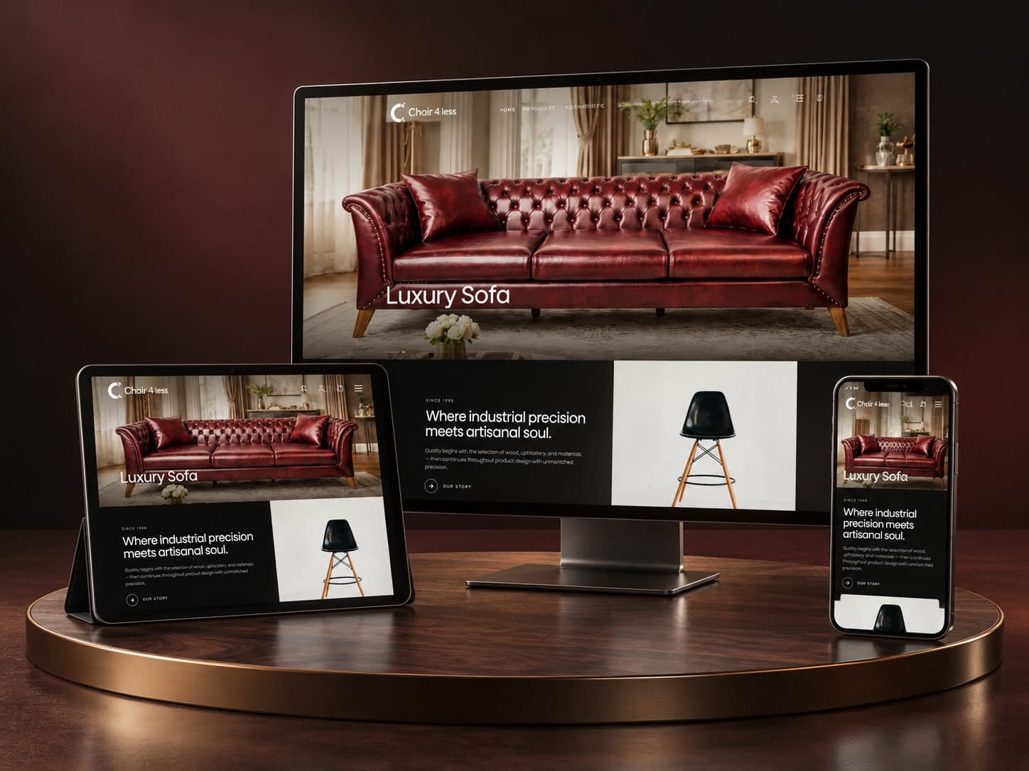 Chair 4 Less website on a desktop, tablet and phone, showing a red leather Chesterfield sofa and a black designer chair