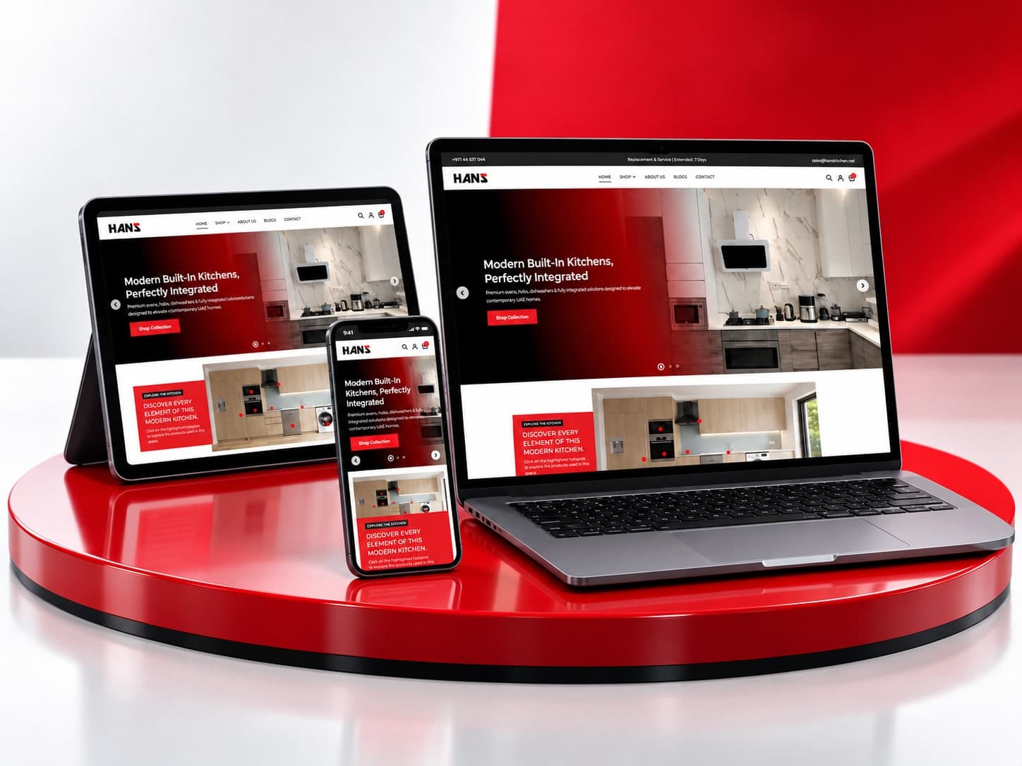 HANS built-in appliances store on a laptop, tablet and phone on a red plinth: “Modern built-in kitchens, perfectly integrated”