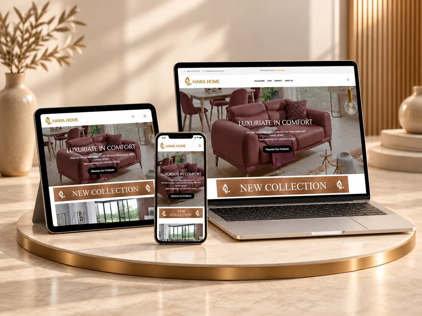 Hawa Home furniture store on a laptop, tablet and phone: “Luxuriate in comfort” above a new-collection banner
