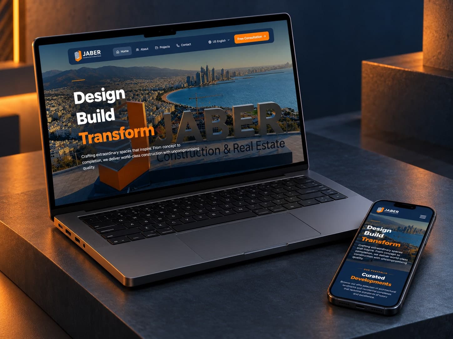 Jaber Construction website on a laptop and phone: “Design, Build, Transform” over an aerial view of a coastal city
