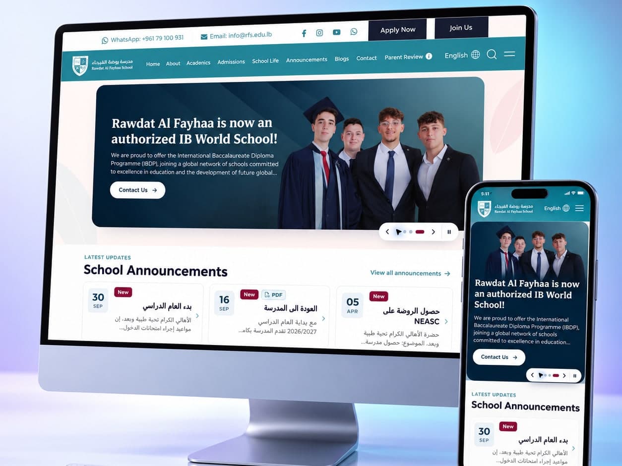 Rawdat Al Fayhaa School website on a desktop and phone, announcing it is an authorized IB World School