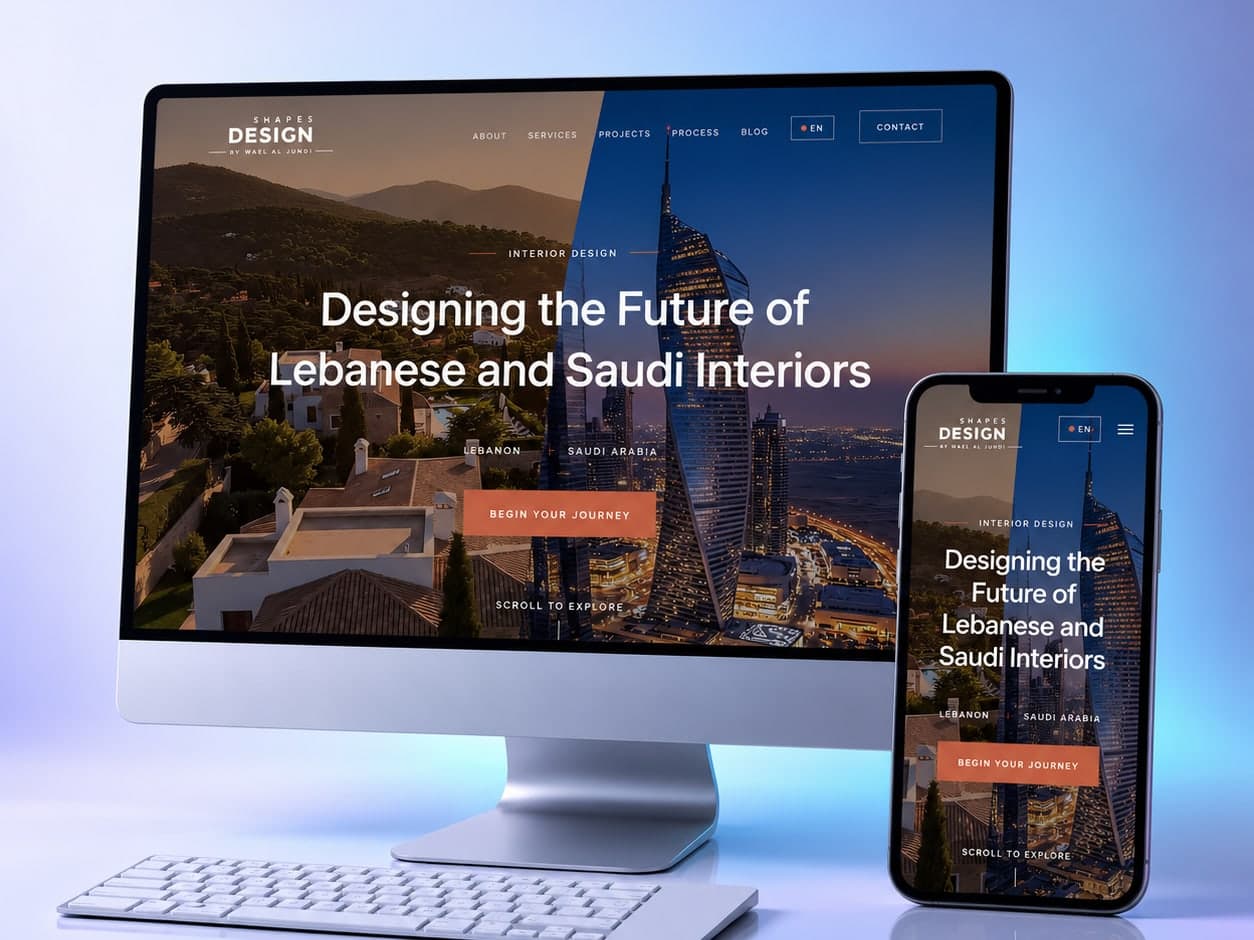 Shapes Design interior design website on a desktop and phone: “Designing the Future of Lebanese and Saudi Interiors”
