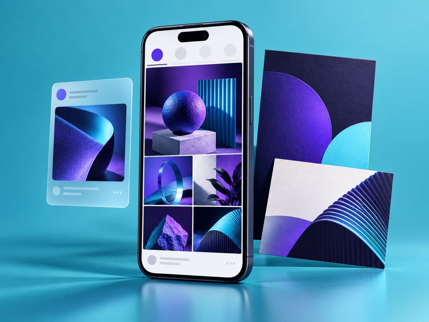 Smartphone showing a grid of social posts, surrounded by printed campaign cards in violet and cyan