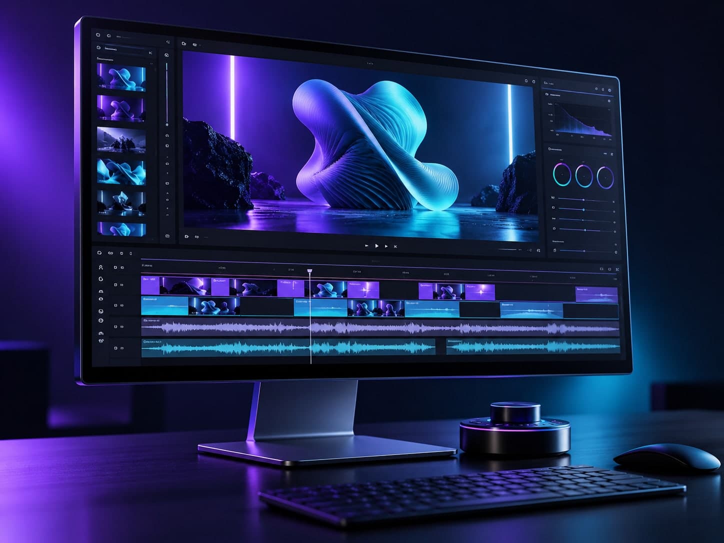 Video editing workstation: a large monitor with an editing timeline and a violet-lit 3D render