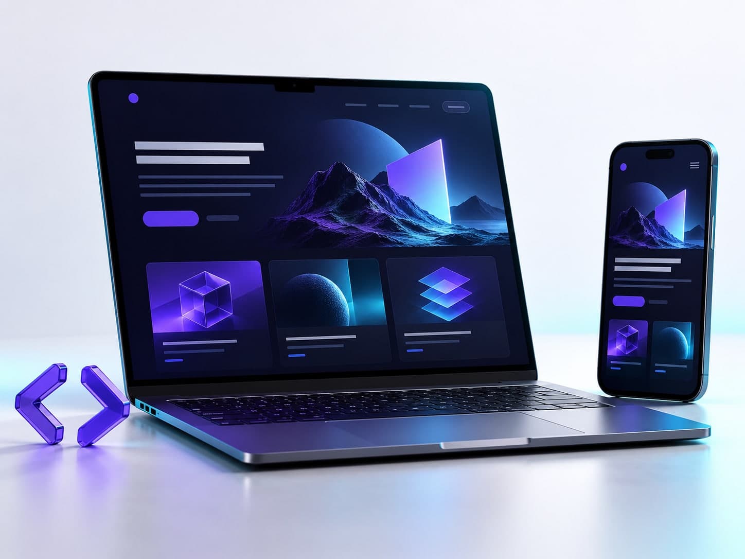 Website on a laptop and its mobile app on a phone, with violet and cyan interface graphics
